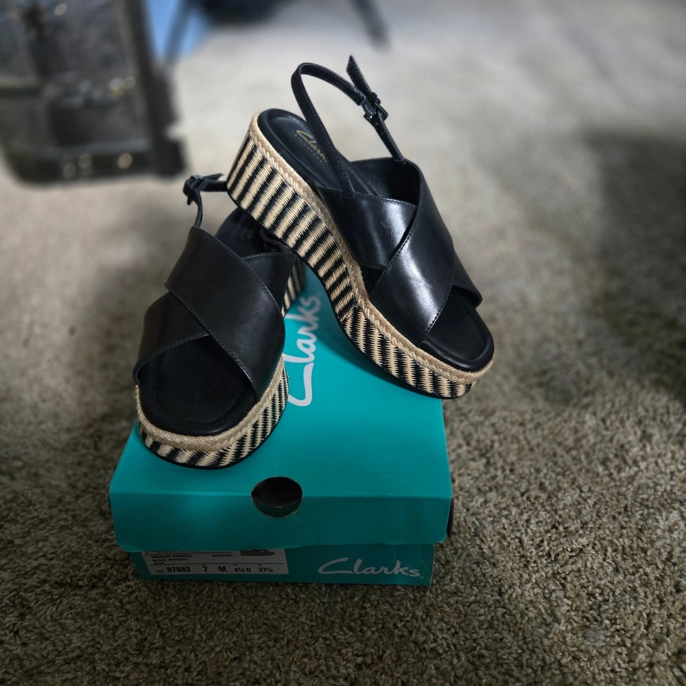 Clarks Tessiah Cross2 Sandals Womens 7 Black New‎ Leather Platform Espadrille